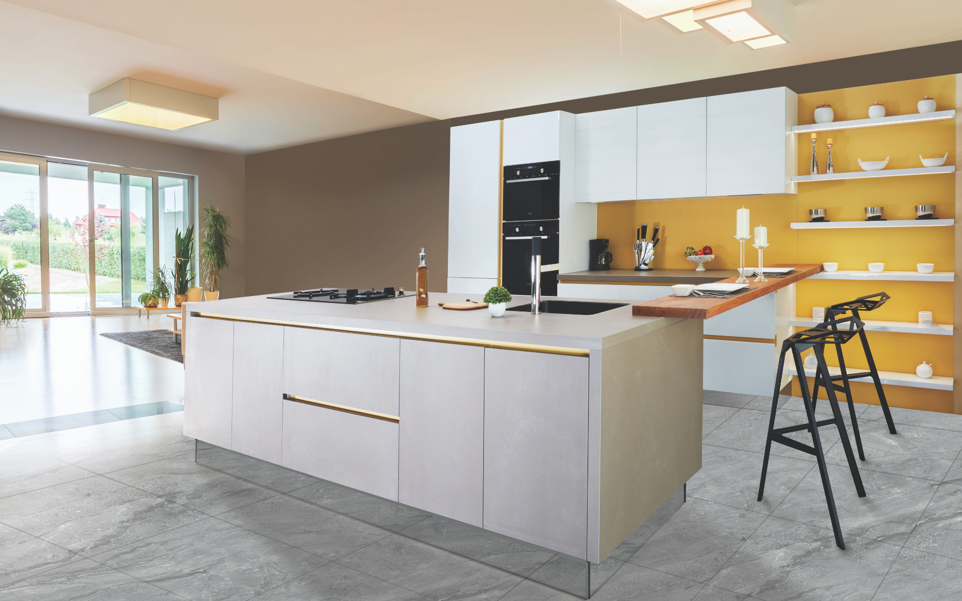 Elegant kitchen design with long kitchen island