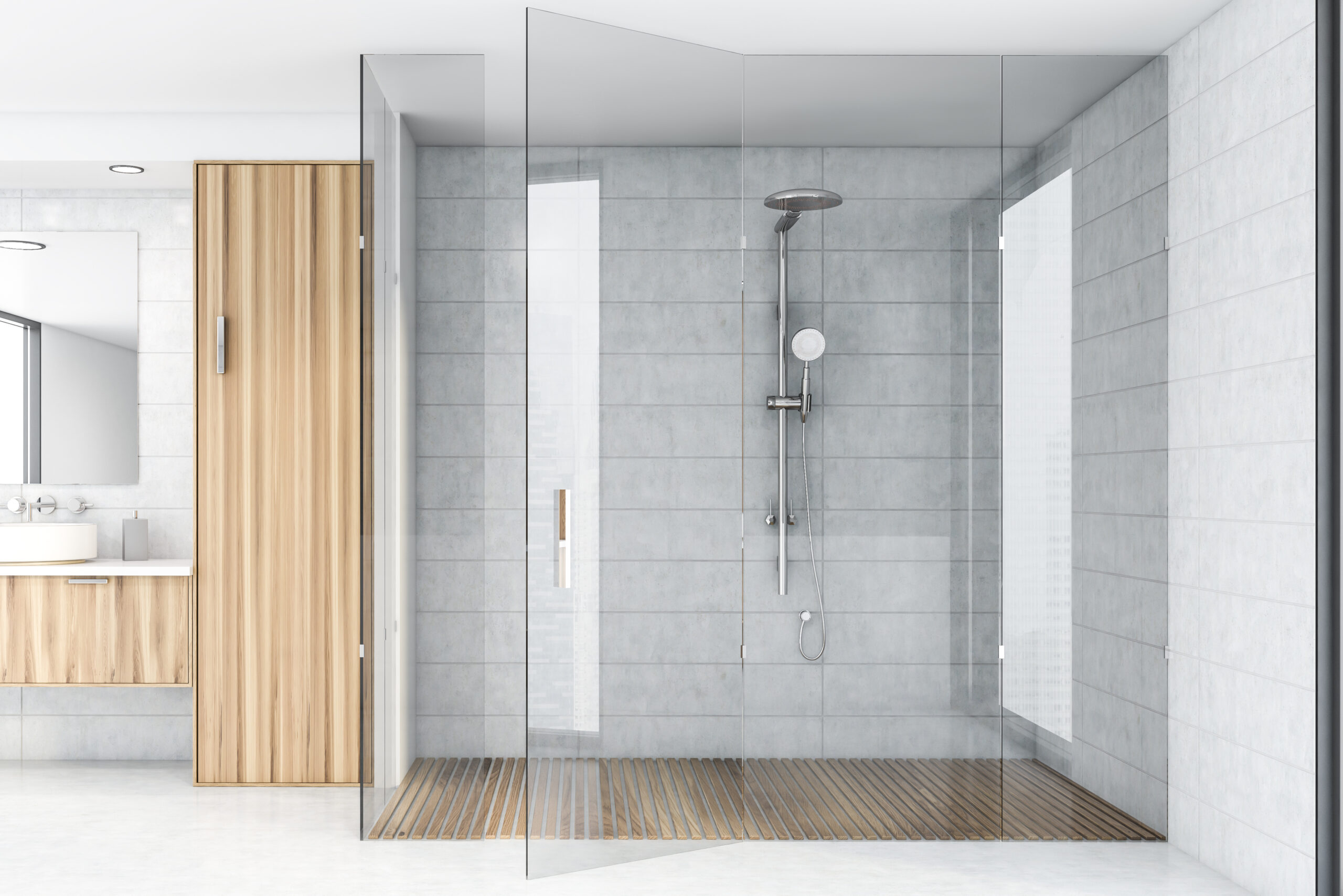 Spacious walk-in shower with glass enclosure