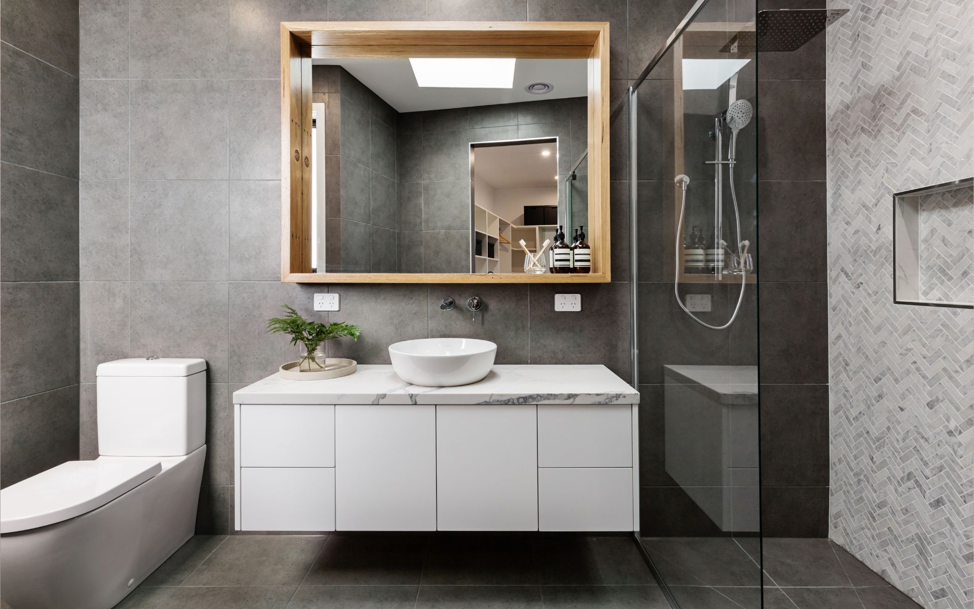 Modern bathroom with Bathroom vanity countertop options in white marble countertop