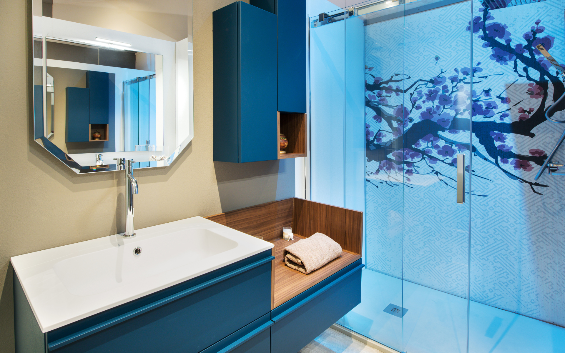 Relaxing bathroom with blue vanity