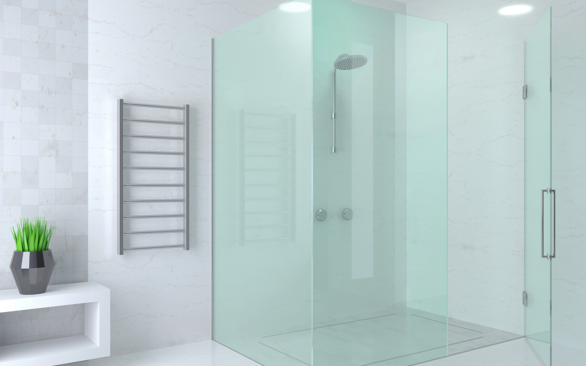 Bathroom shower with frameless shower doors