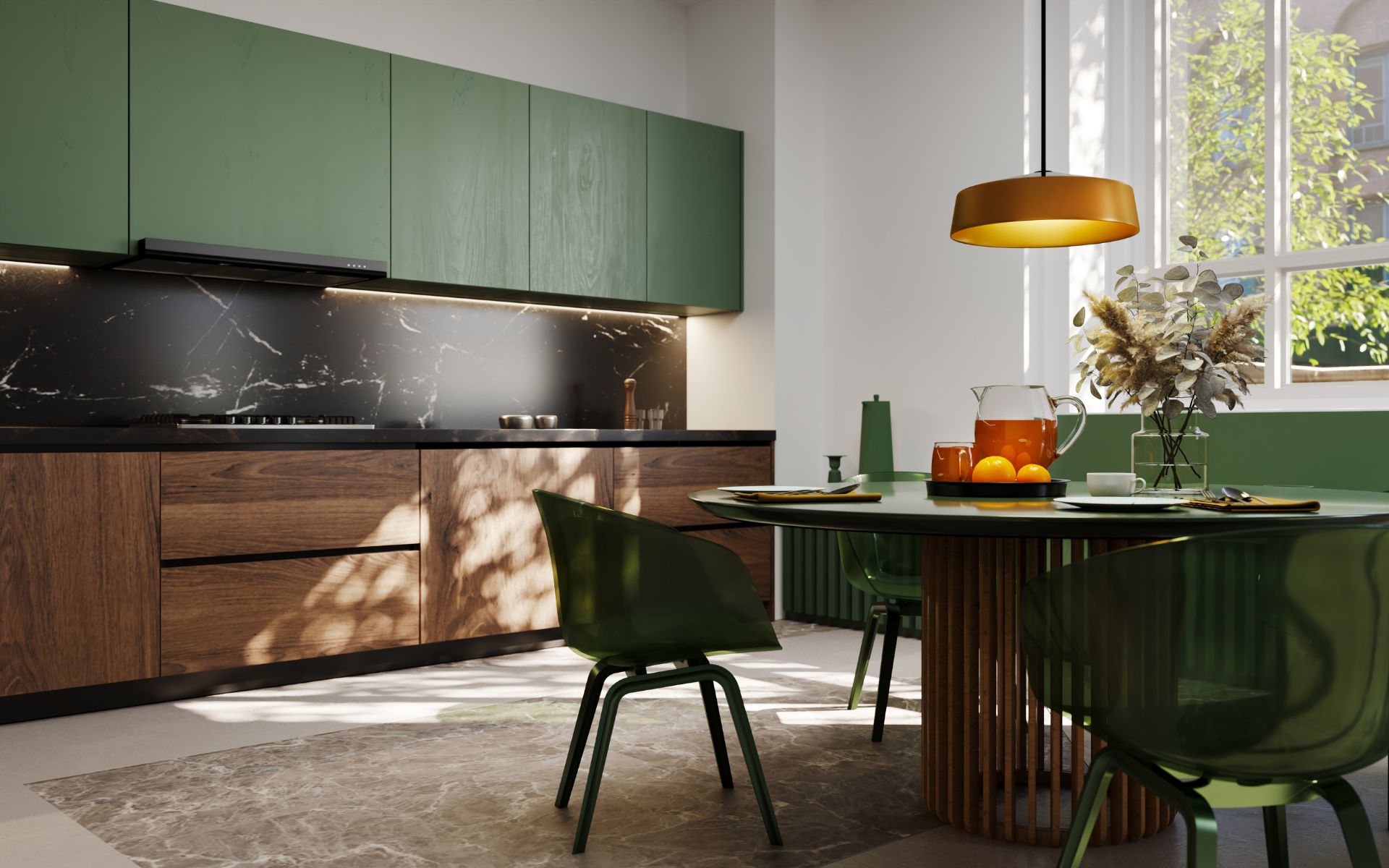 Contemporary style kitchen with green and brown cabinets