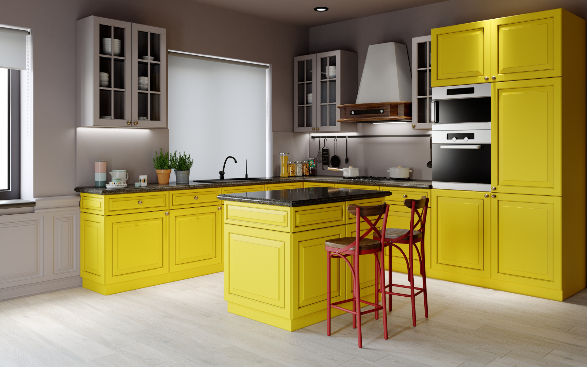 L type kitchen with yellow cabinets and black countertops