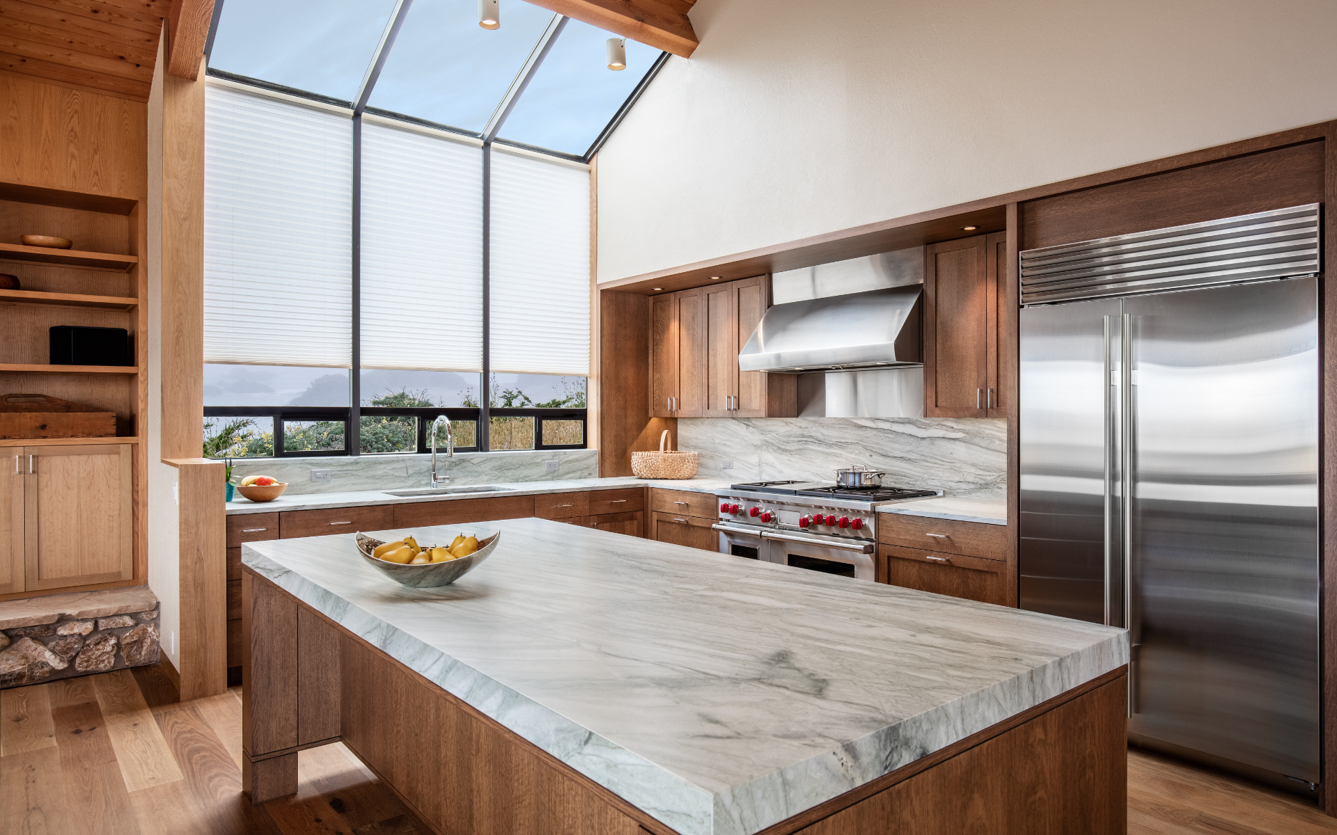 Brown kitchen with white countertops