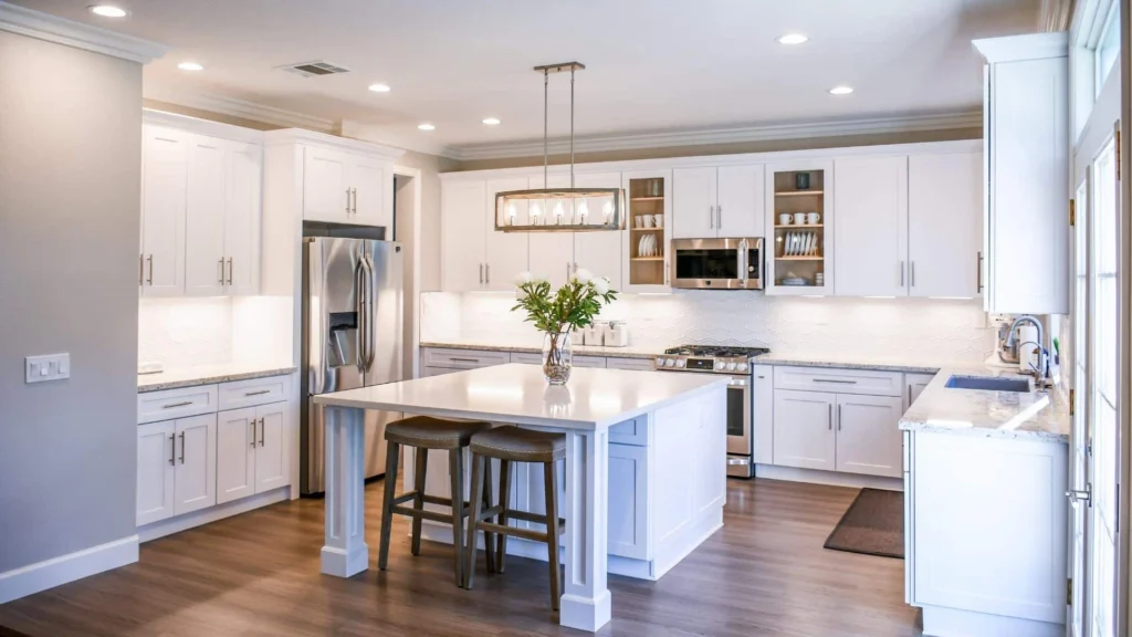 Gold deal white kitchen design with quartz countertop