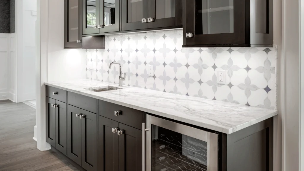 St. Martin kitchen design with Lakeland Gun Smoke cabinet doors