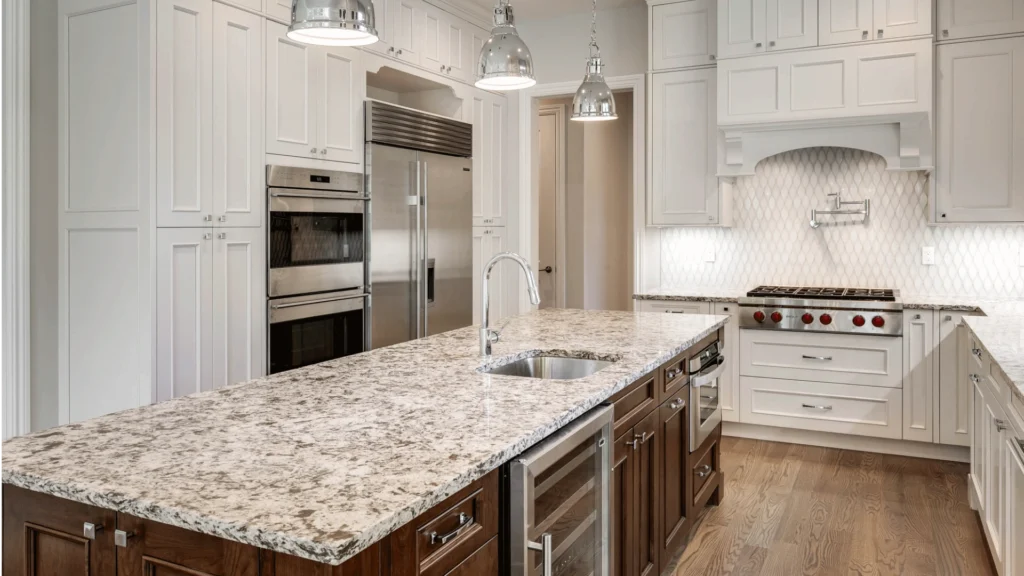 St. Martin kitchen design with Ridgewood Bright White cabinet doors