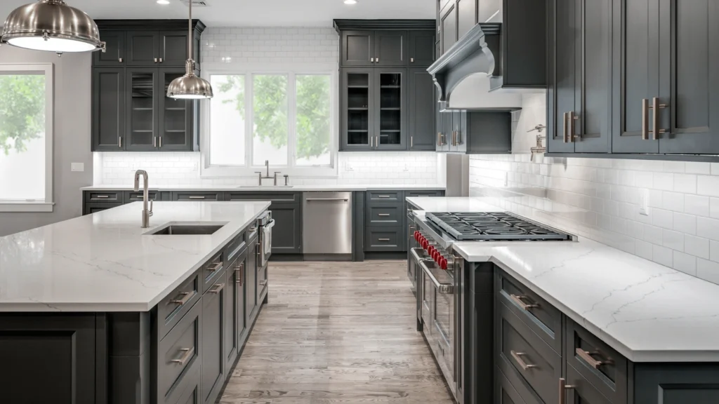 St. Martin kitchen design with Bellrose Peppercorn cabinets st. martin cabinet brand