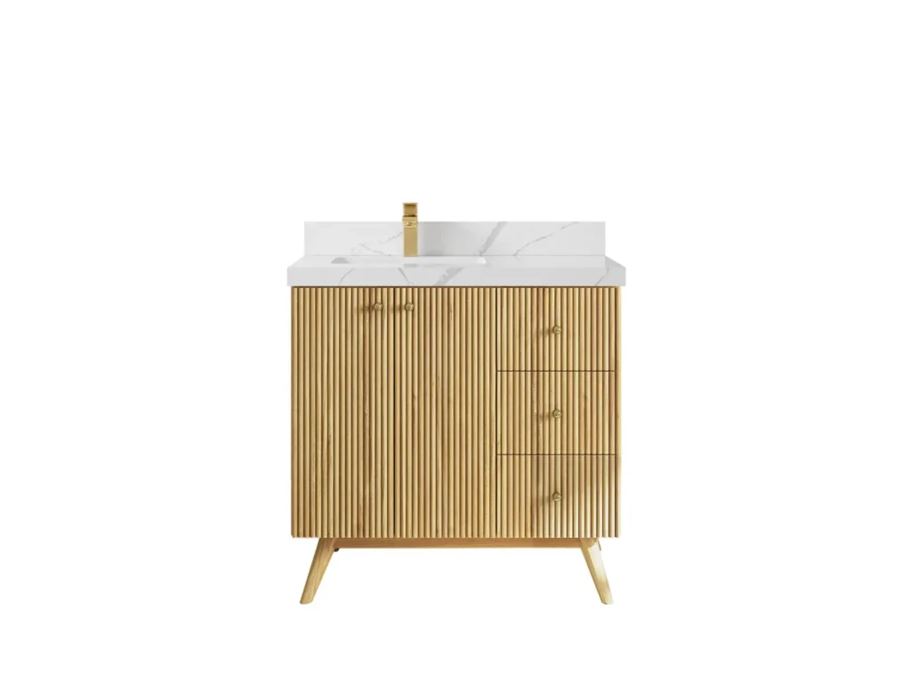 Pasadena Teak Wood 36" Left Offset Sink Vanity, Light Natural Teak