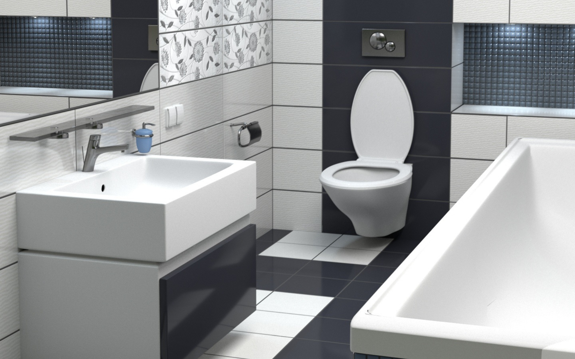 Elegant white bathroom with floating vanity, toilet, and tub