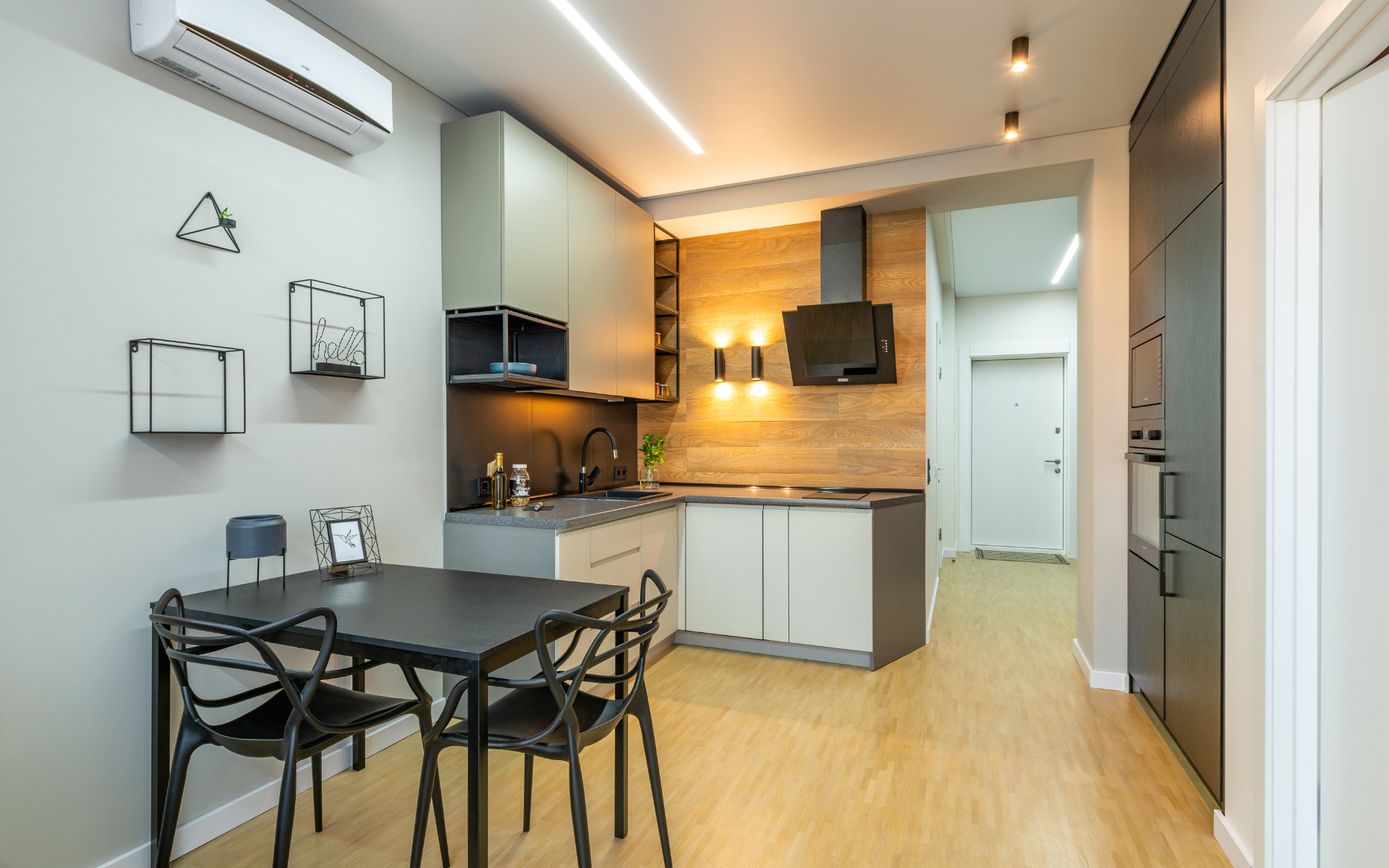 Small kitchen with hidden appliance storage