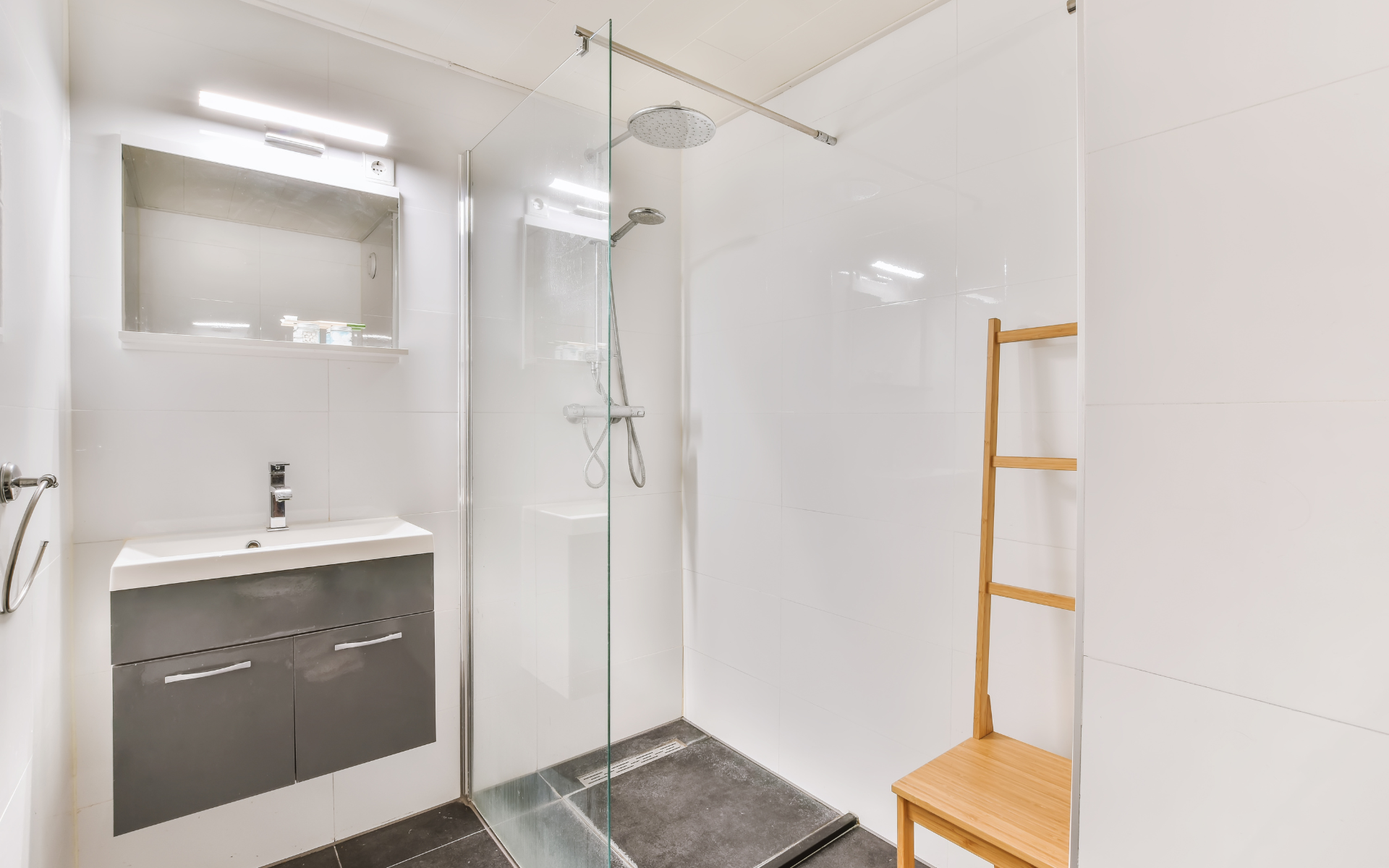 Elegant bathroom with shower, and floating vanity