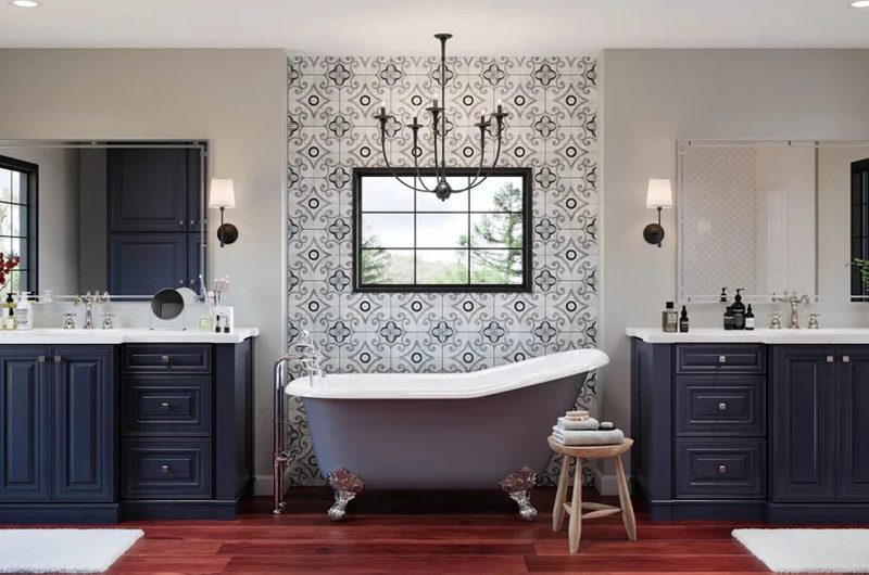 Two navy blue bathroom cabinet, and a bath tub in between