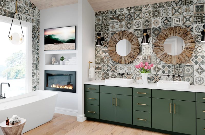 Green Contemporary bathroom cabinet with white countertop and textured backsplash