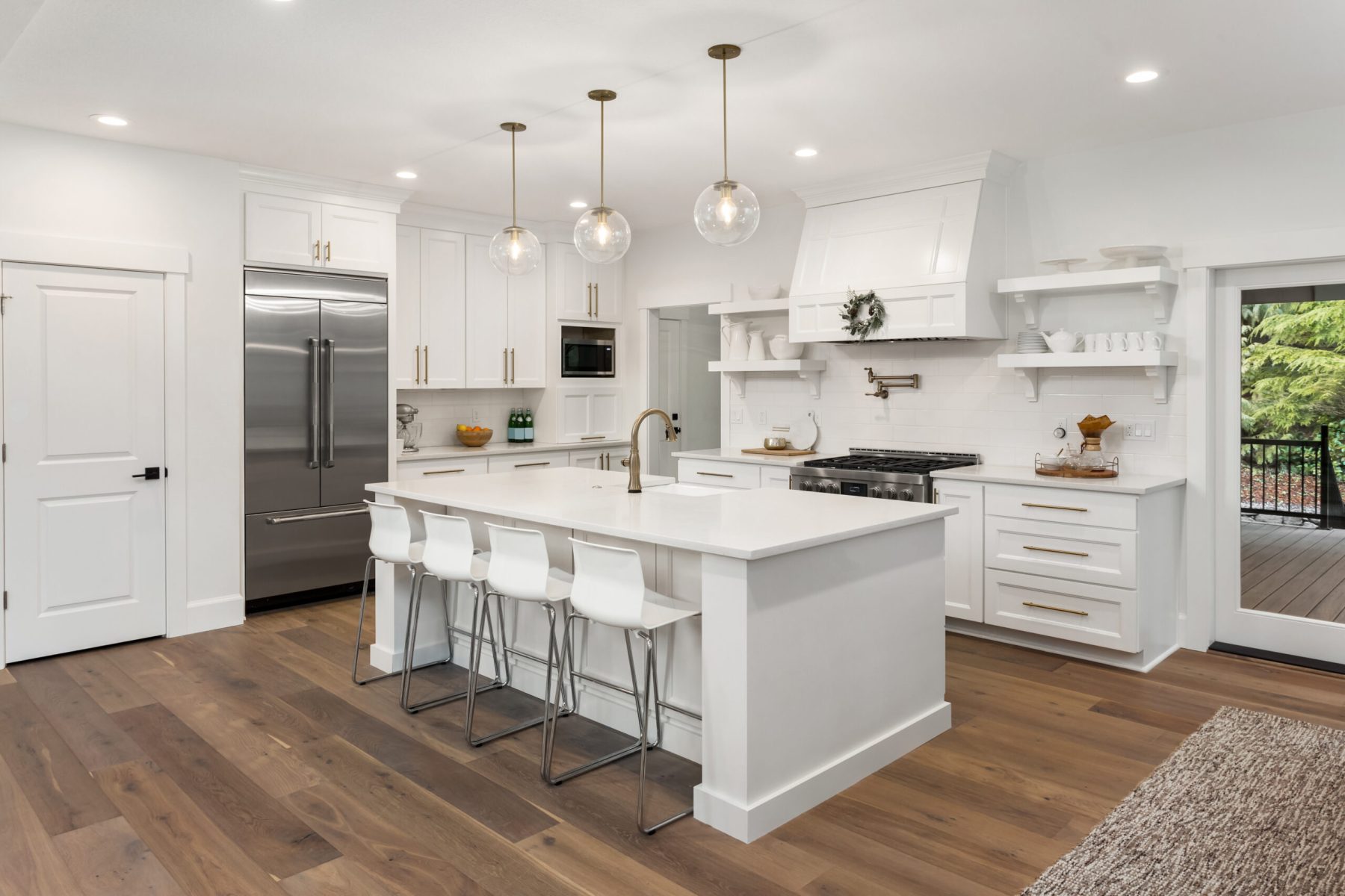 White Kitchen with wood flooring tile