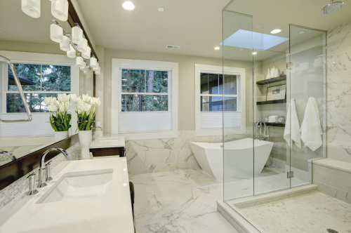 Bathroom design with tub, shower, and vanity
