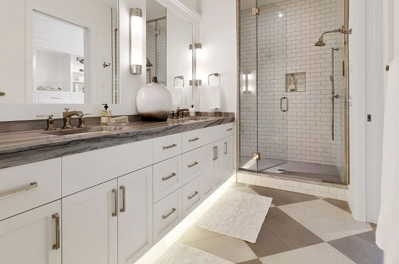 White bathroom cabinet with grey countertop