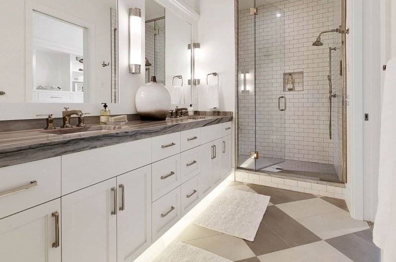 White bathroom cabinet with grey countertop
