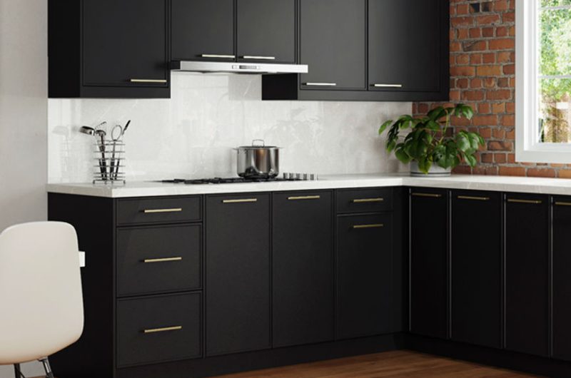 Black kitchen design with white countertop
