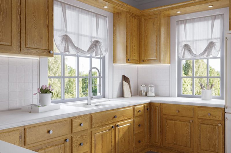 CNC Country Oak Kitchen cabinets with white countertop