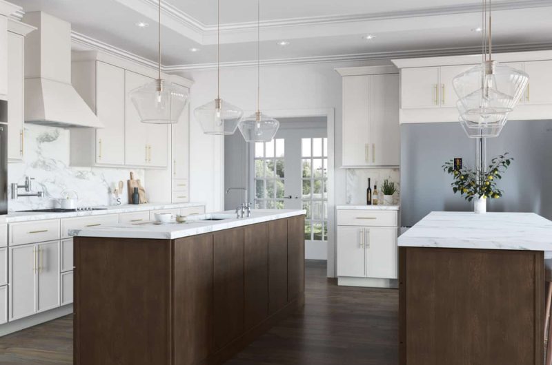 Fabuwood Kitchen Design with white kitchen cabinets and countertop, and brown kitchen island