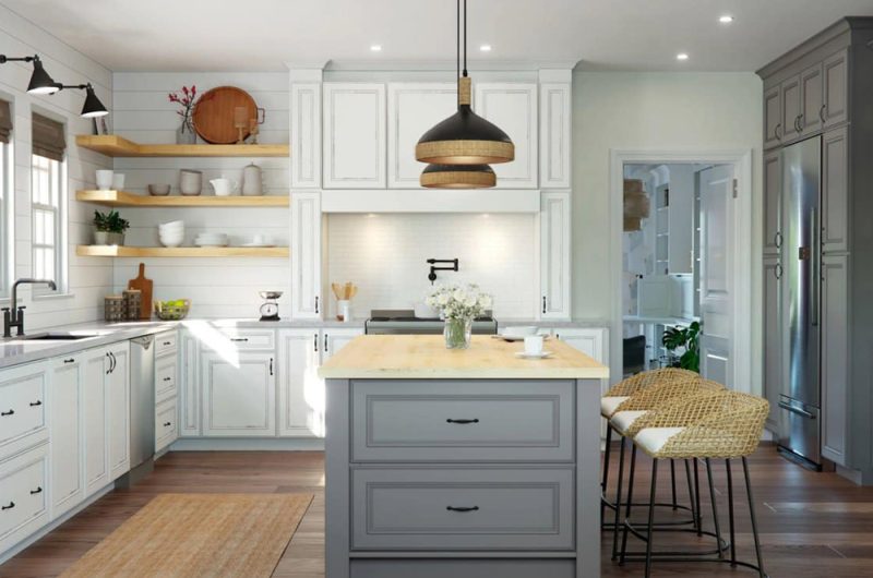 Waypoint white kitchen design with grey kitchen island